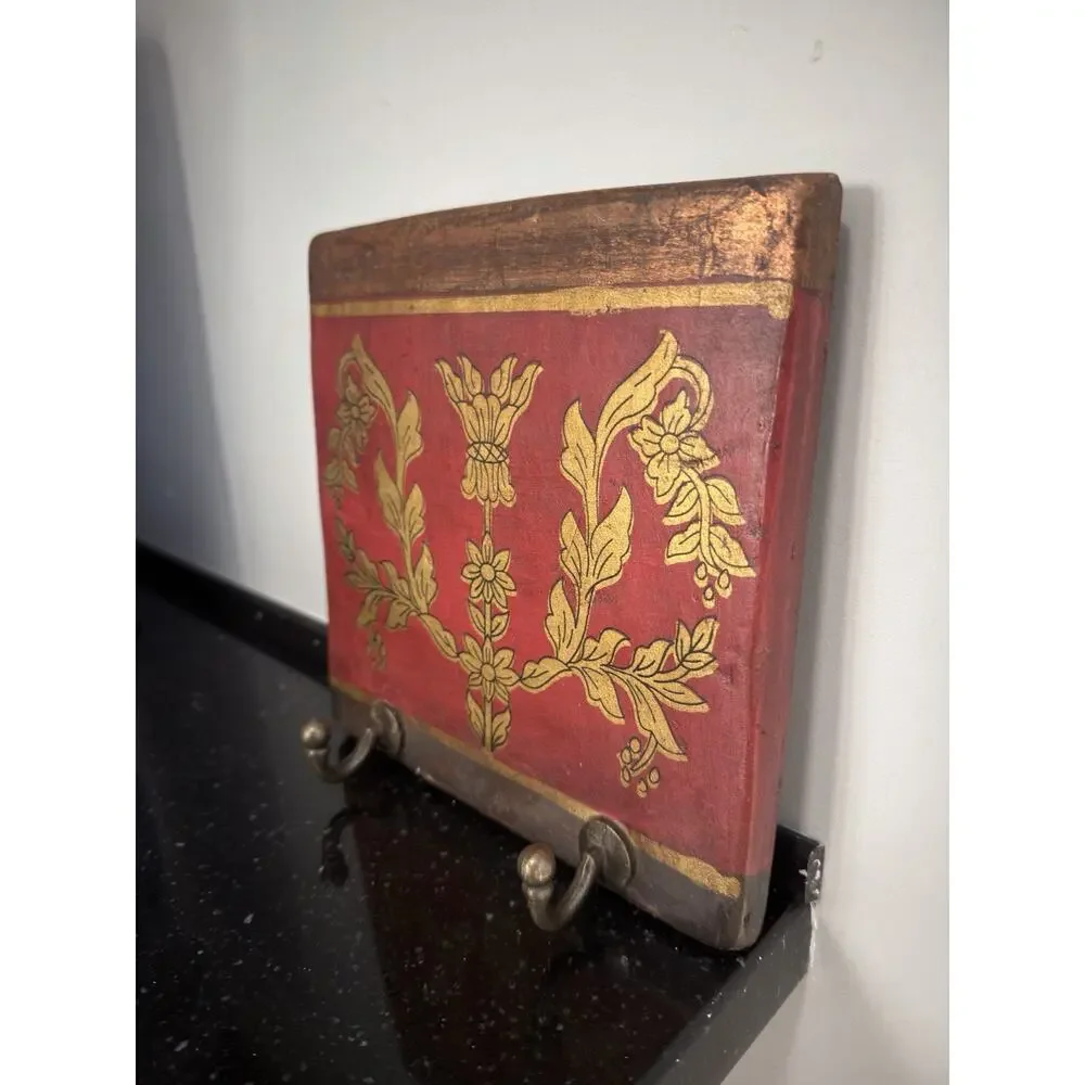 Antique Style Wall Mounted Tile Plaque Red/Gold Floral w/ 2 Metal Hooks